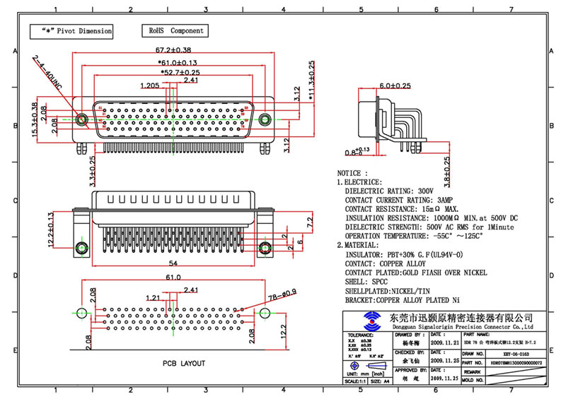 High density right angle 78 pin d sub connector