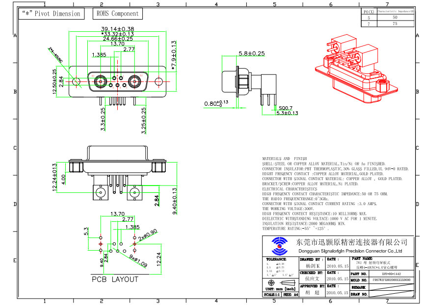 7W2 female right angle D-sub coaxial connector