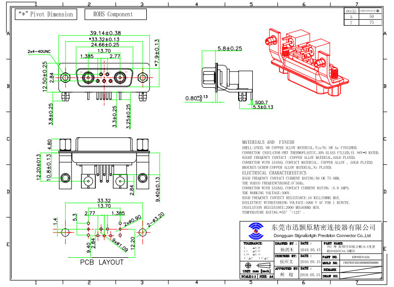 7W2 D-sub coaxial connector female pcb right angle