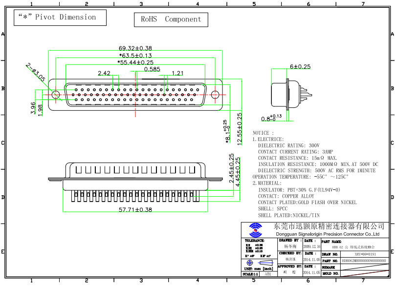 62 pin d-sub connector plug solder cup type