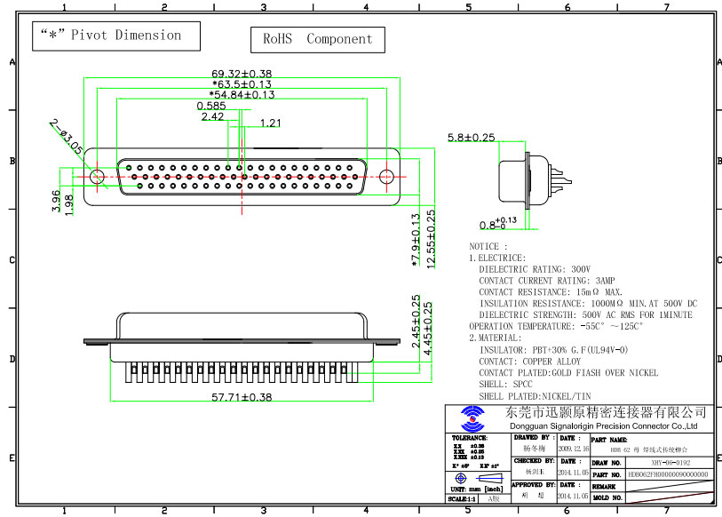 62 pin d connector socket solder cup type