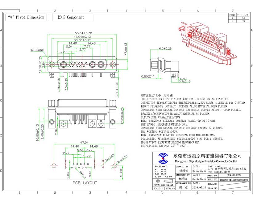 13W3 D-Sub coaxial female right angle connector